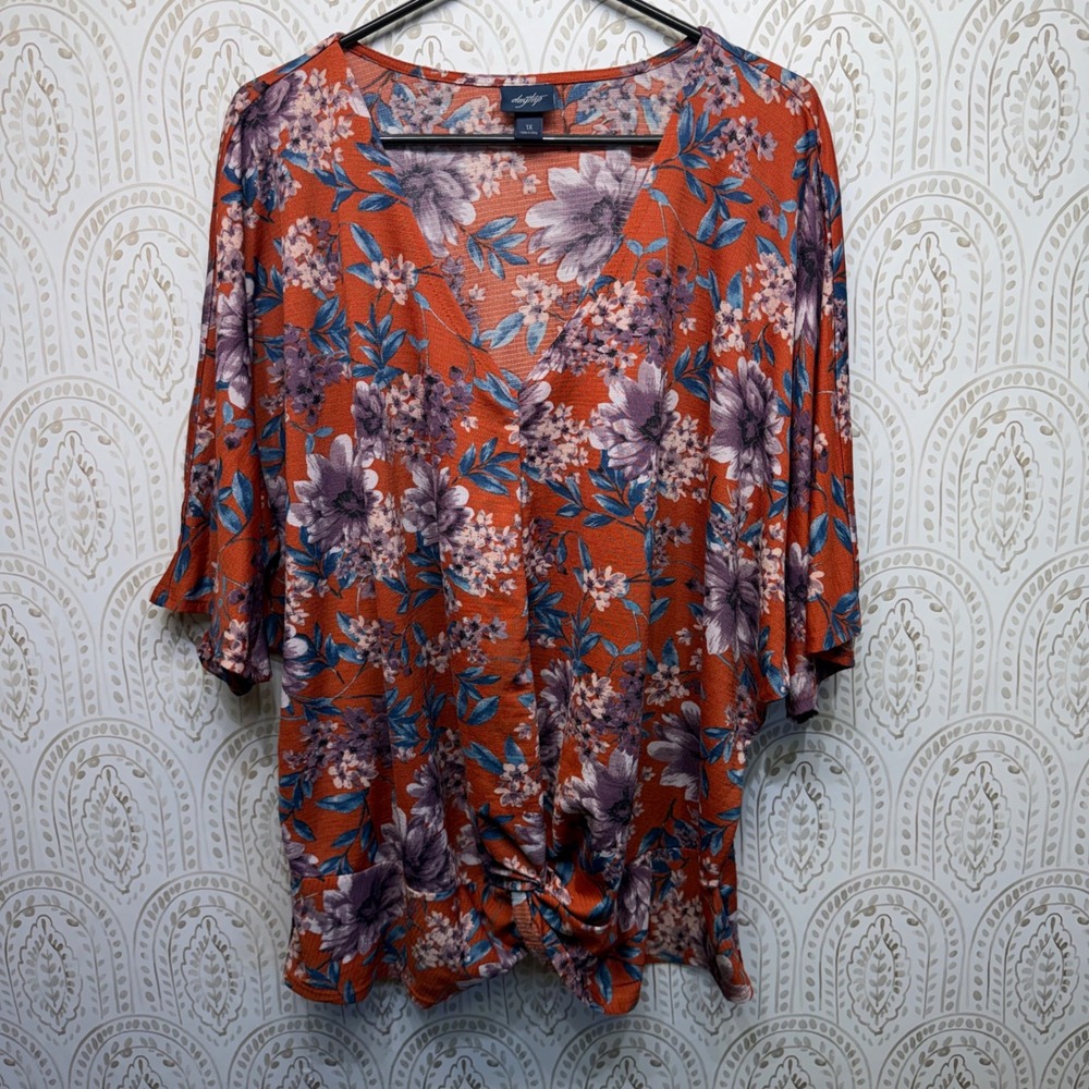Daytrip Womens 1X Burnt‎ Orange Floral V-Neck Twist Front Dolman Sleeve Top